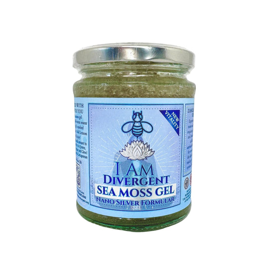 Close-up of a glass jar containing wildcrafted Zanzibar sea moss gel with colloidal silver, featuring a silver lid and blue label with a bee logo, on a white background.