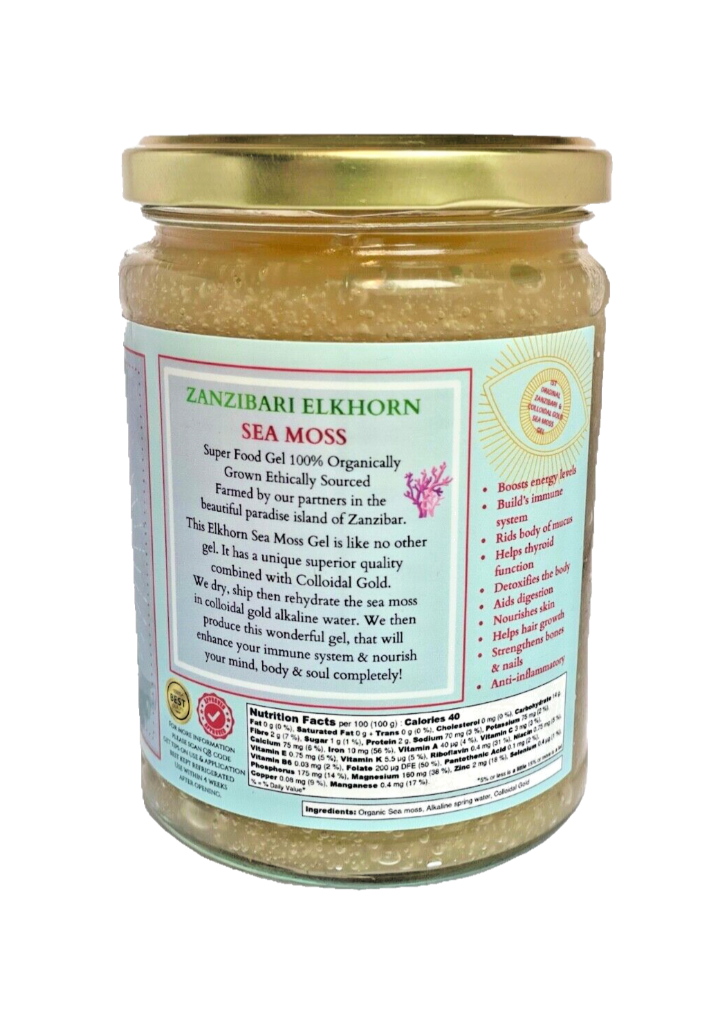 Colloidal Gold Seamoss Gel 500ml Made With Wildcrafted Zanzibari Sea Moss